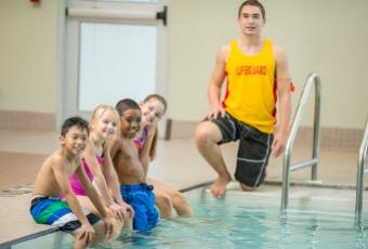 Swimmers on pool deck feature