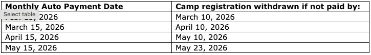 Summer Camp Payment Schedule 2026