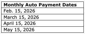 monthly auto payment summer camp 2026